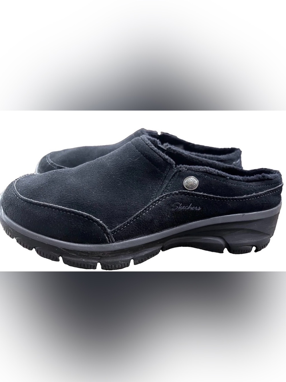 Skechers Easy Going Latte Black Suede Memory Foam Slip On Mule Clog womens sz 8